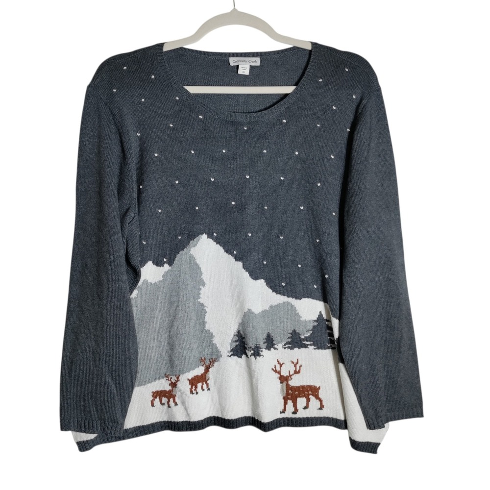 Coldwater Creek Women 3X Gray Winter Mountain Deer Scene Knitโ Sweater Pullover